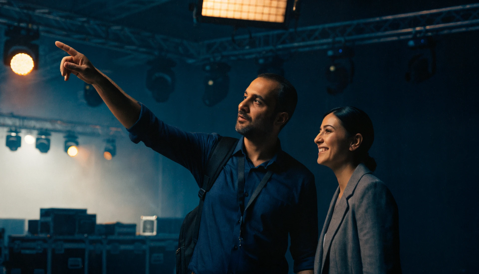 A producer walking his client through the venue during the build, pointing out the stage; she smiles.
