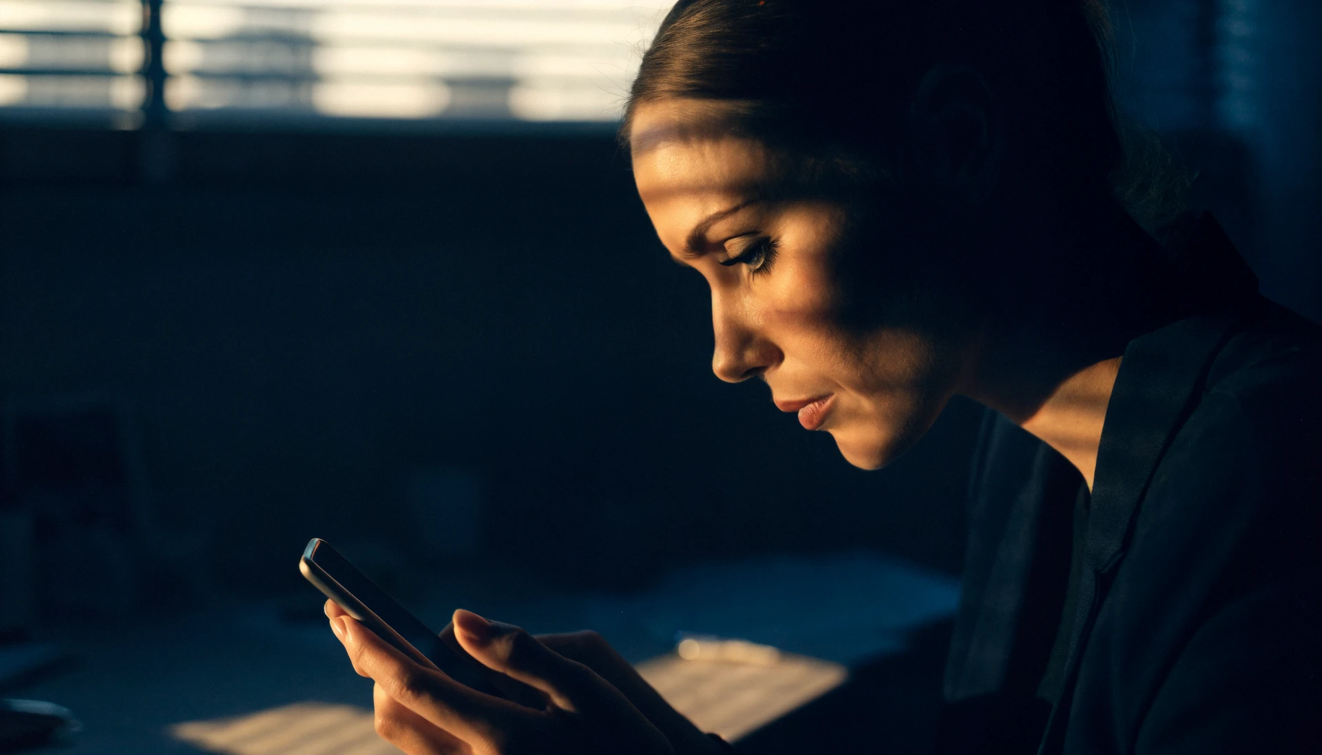 A client at her desk in late sun through the blinds, reading yet another message on her phone.