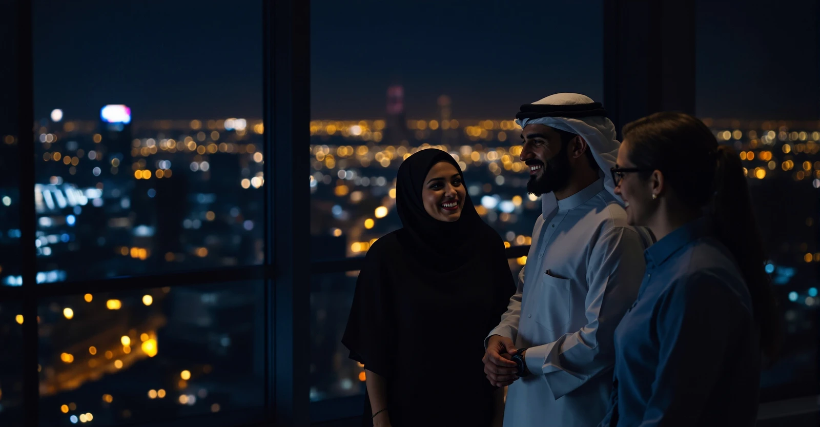 A mixed Gulf and international team together at night by the window, the city below.