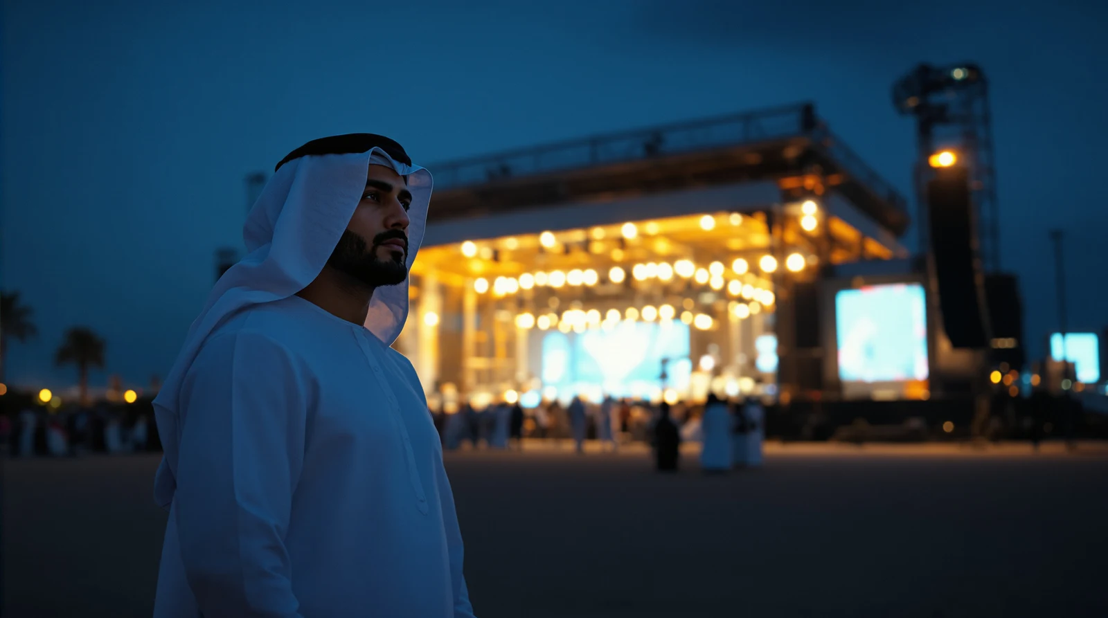 An Emirati producer in a white kandura on site at night, the lit stage and the crowd behind him.