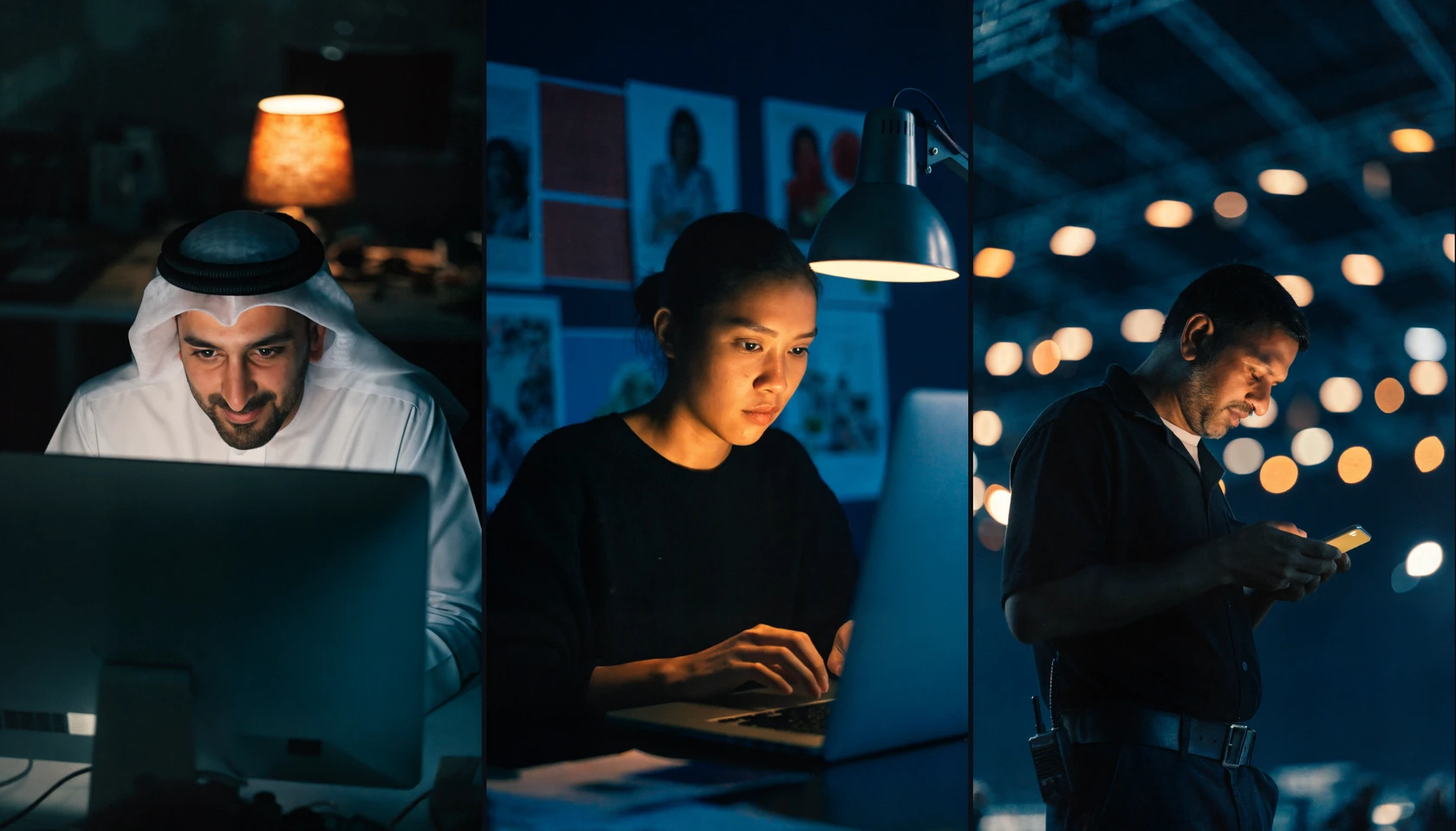 One job, three places: a producer at his desktop in the office, a designer on her laptop in the studio, and a crew lead reading his phone on site.