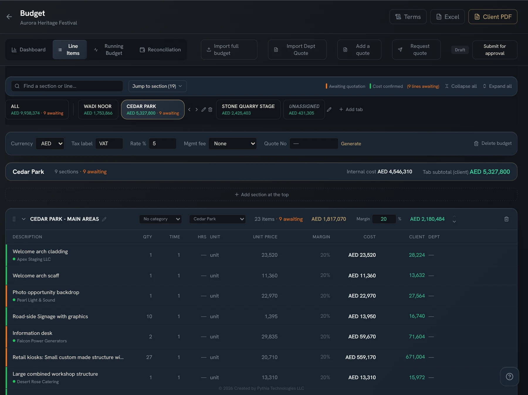An Argus budget on the Line Items view: tabs for each venue, a section with margin and client totals, lines marked awaiting quotation or cost confirmed.
