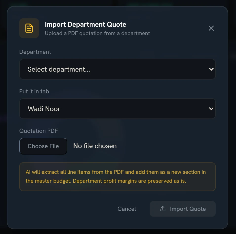 The Argus Import Department Quote window: choose the department, the budget tab and the quotation PDF.
