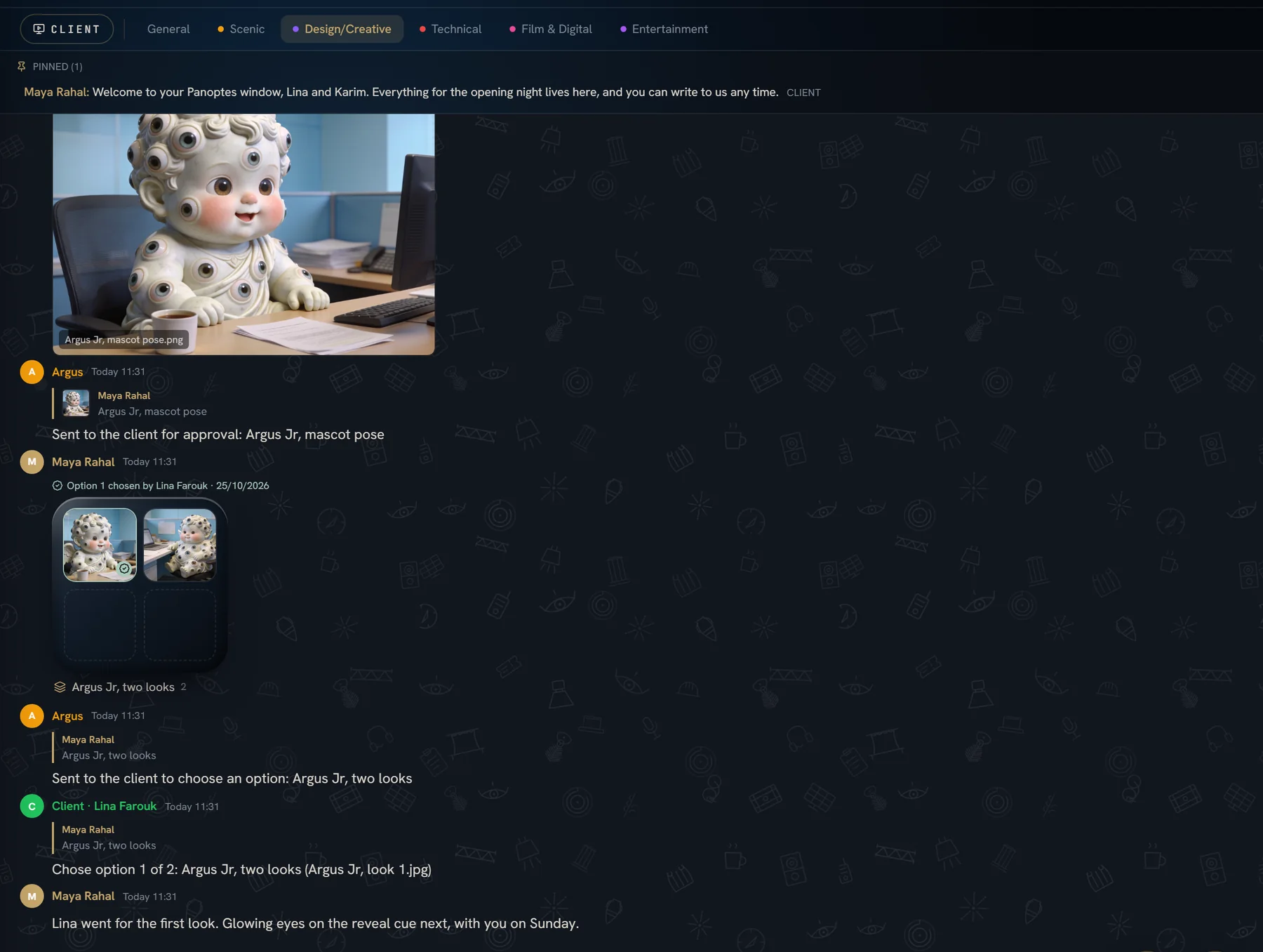 An Argus project room, Design and Creative: a board of three mascot moods sent to the client, the client's choice recorded in the thread, and the producer's reply.